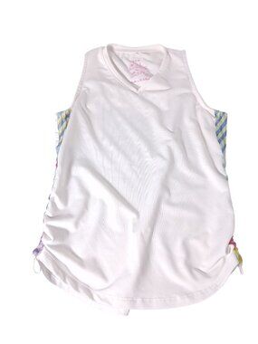 Ladies White Sleeveless Top With Colorful Side Panels & Drawstring Hem - Size S